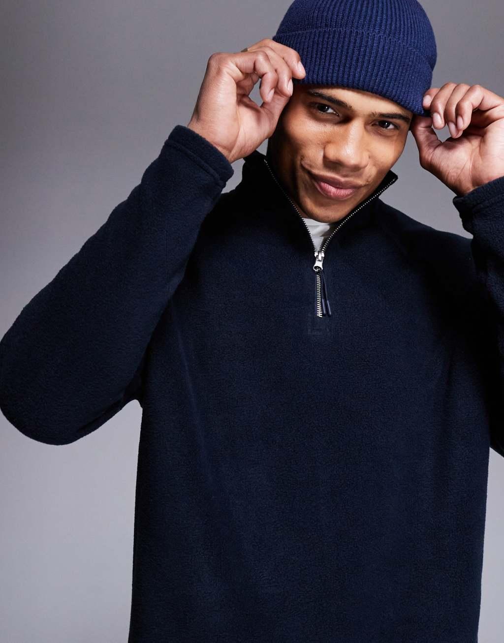 ASOS DESIGN half zip fleece sweatshirt in navy Product Image