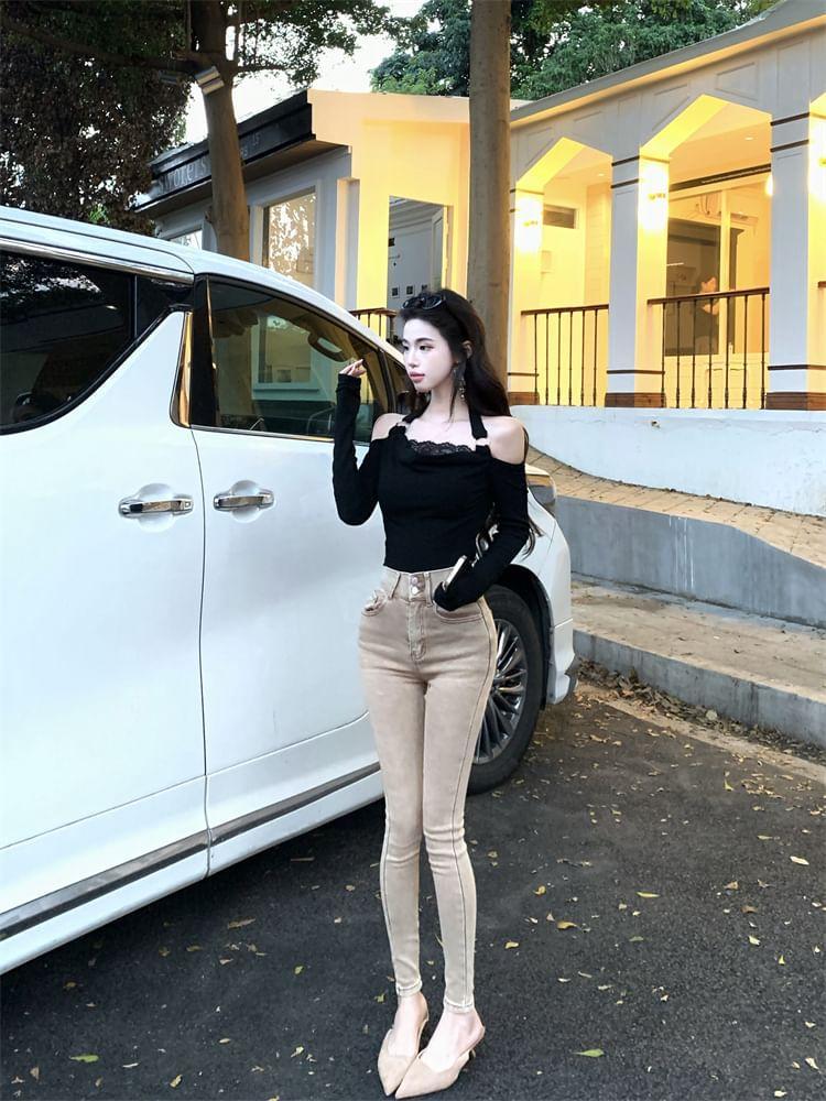 Long-Sleeve Cold-Shoulder Plain Lace Trim Tee Product Image