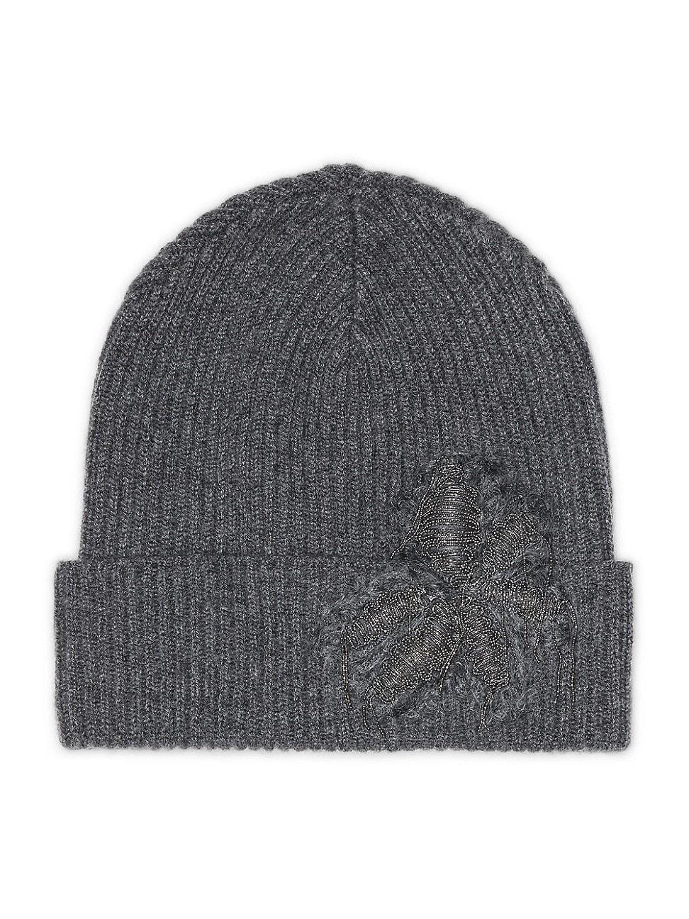 Womens Cashmere Rib Knit Beanie with Precious Flower Crest Product Image