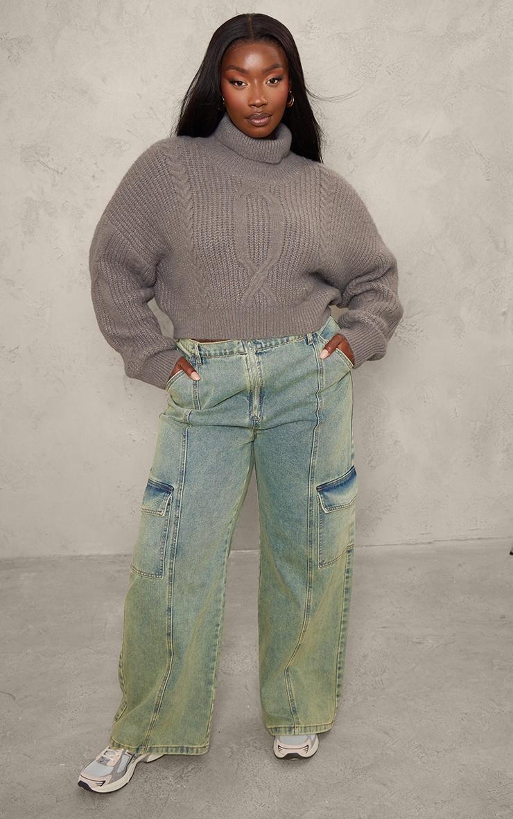 Plus Grey Soft Cable Knit Roll Neck Crop Sweater Product Image