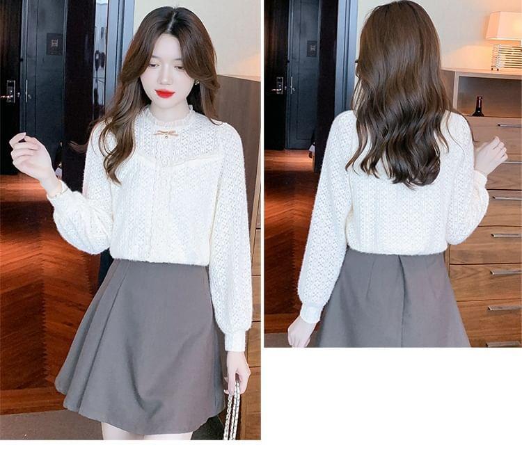 Long-Sleeve Bow Frill Trim Lace Blouse Product Image