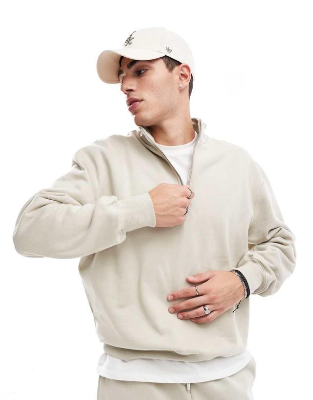 ASOS DESIGN premium heavyweight oversized quarter zip sweatshirt 400gsm beige Product Image