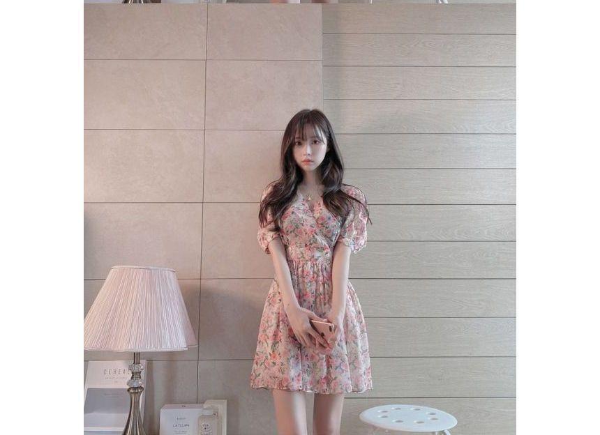 Floral Short-Sleeve V-Neck Mini A-Line Dress Product Image