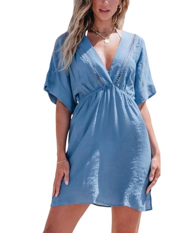 Cupshe Womens Blue Plunging Dolman Sleeve Mini Cover-Up Product Image