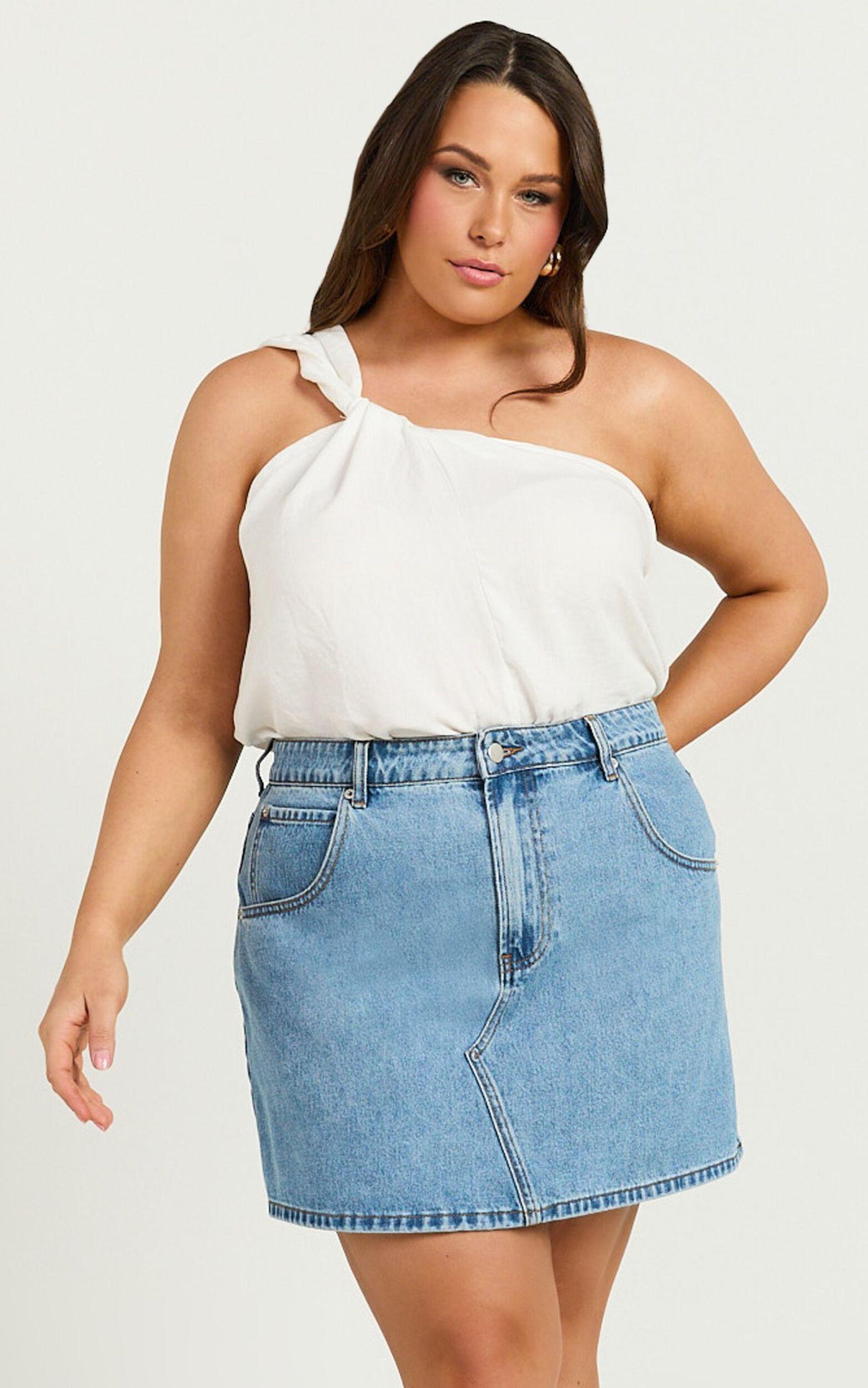 Jaden Mini Skirt - High Waisted Recycled Denim Mini Skirt in Mid Blue Wash Product Image