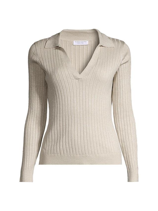 Womens Rib-Knit Metallic Cotton V-Neck Polo Sweater Product Image