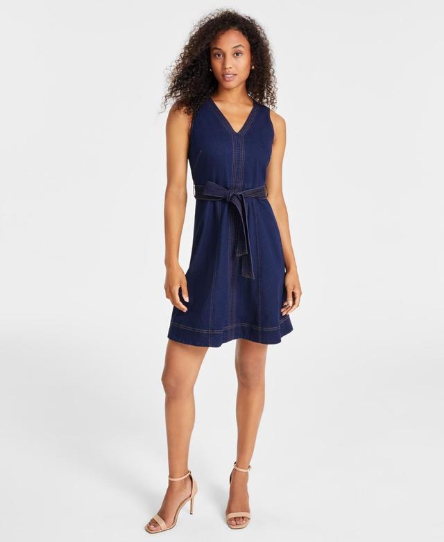 Anne Klein Womens V-Neck Sleeveless Tie-Waist Denim Dress Product Image