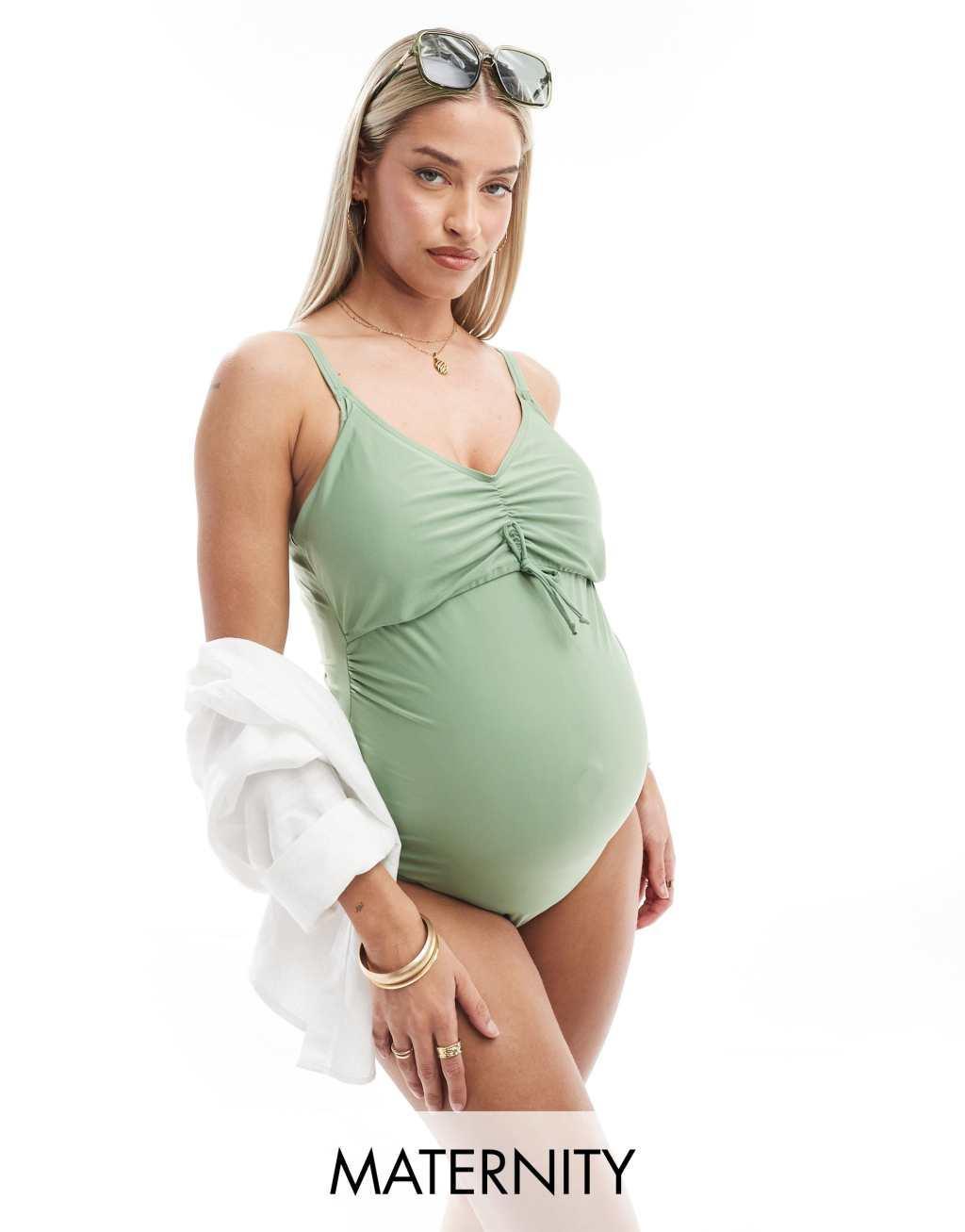 Mamalicious Maternity swimsuit in sage green  Product Image