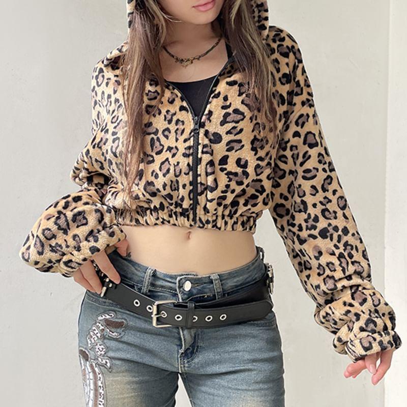 Leopard Print Zip Cropped Hoodie Product Image