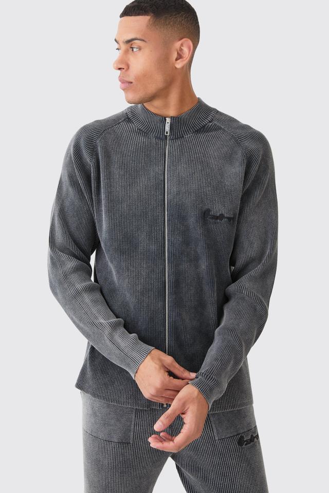 Mens Grey Oversized Acid Wash Ribbed Knitted Bomber, Grey Product Image