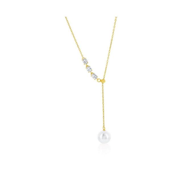 Sterling Silver or Gold Plated over Sterling Silver 8mm Pearl, Triple Oval Cz Lariat Necklace Product Image