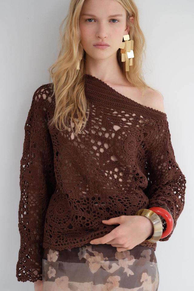 CROCHET SWEATER WITH ASYMMETRIC NECKLINE Product Image