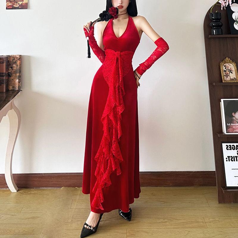 Sleeveless V-Neck Plain Maxi A-Line Dress Product Image