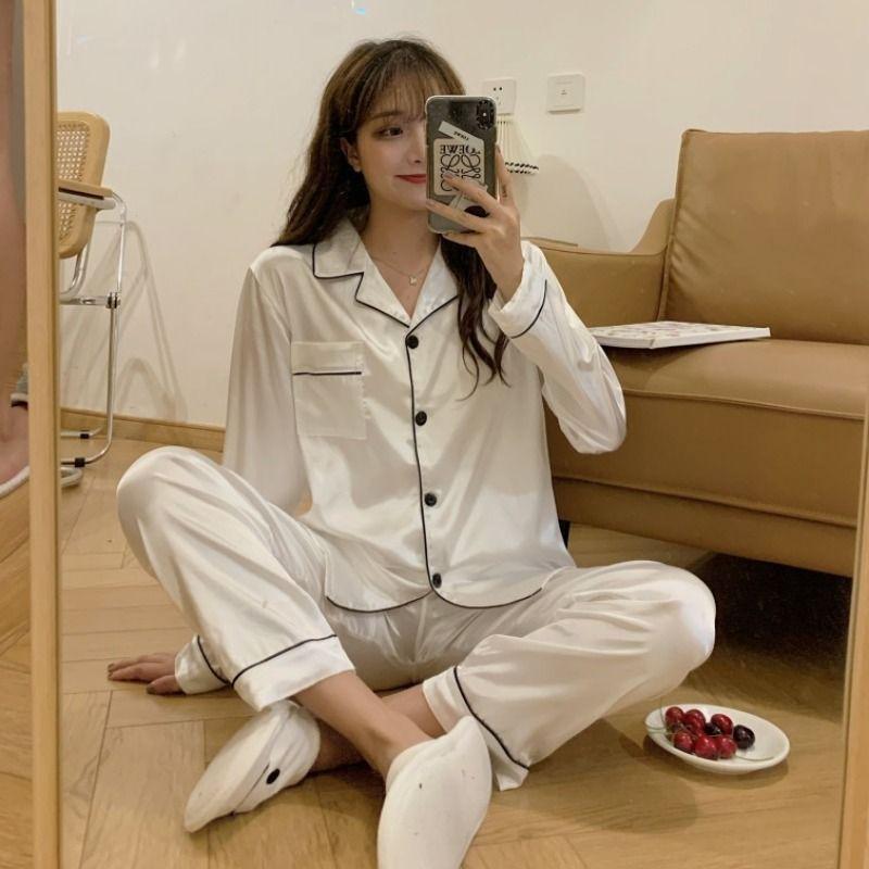 Pajama Set: Contrast Trim Shirt + Pants Product Image