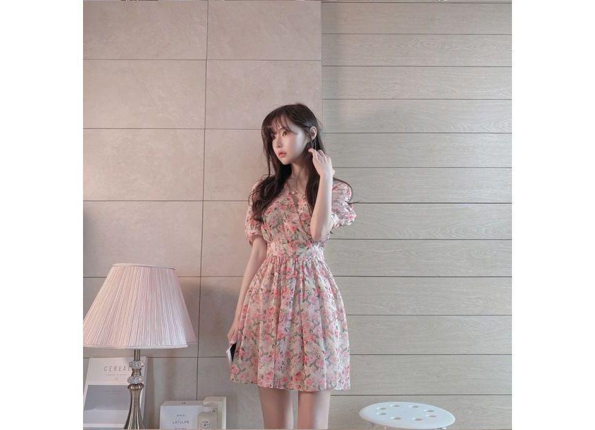 Floral Short-Sleeve V-Neck Mini A-Line Dress Product Image