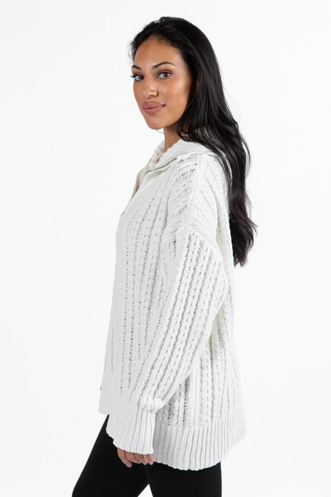 Forever Yours White Cable Knit Chenille Quarter Zip Sweater Product Image