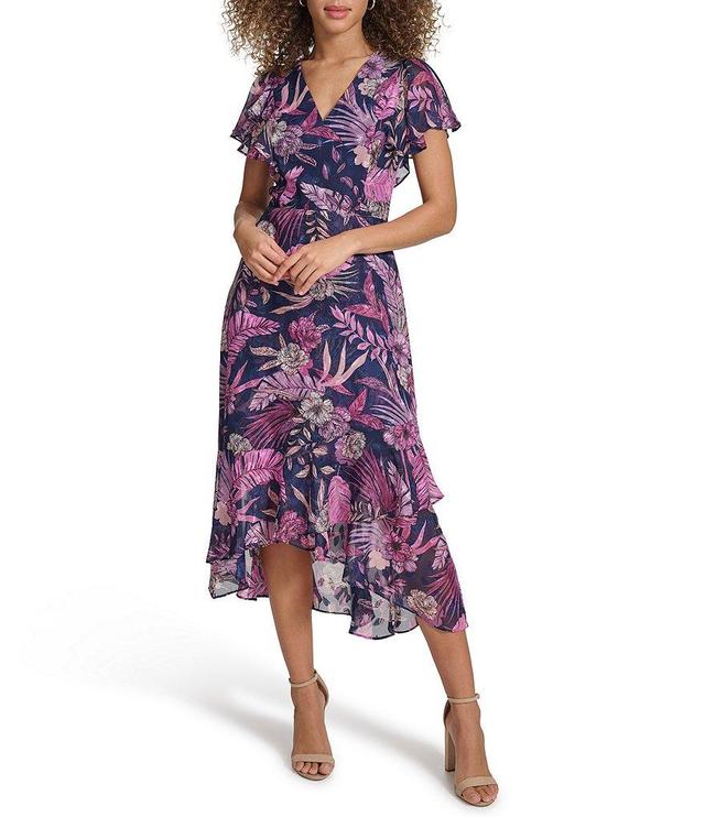 Kensie Floral Print V-Neck Flutter Sleeve Asymmetrical Ruffle Hem Midi Dress Product Image