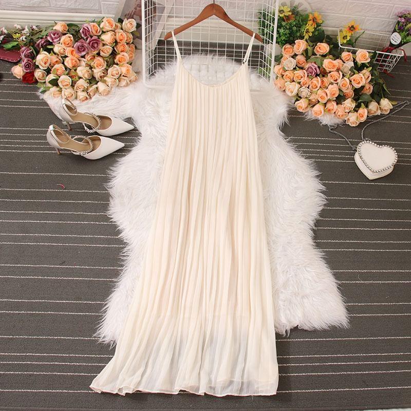 Spaghetti Strap Plain Accordion Pleated Maxi A-Line Dress Product Image