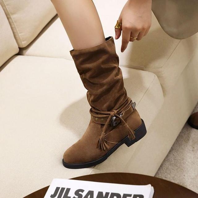 Platform Buckled Faux Suede Mid Calf Boots Product Image