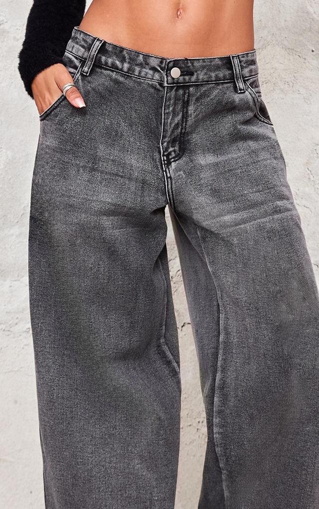 Charcoal Grey Acid Seam Detail Frayed Hem Wide Leg Jeans Product Image