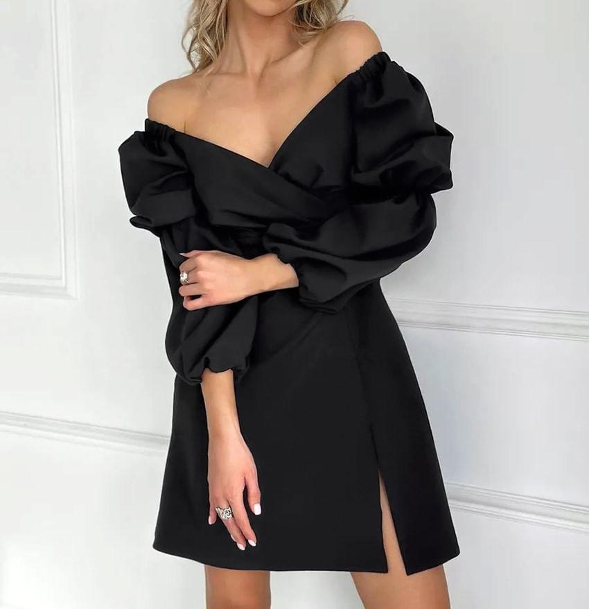 Long-Sleeve V-Neck Plain Mini A-Line Dress Product Image