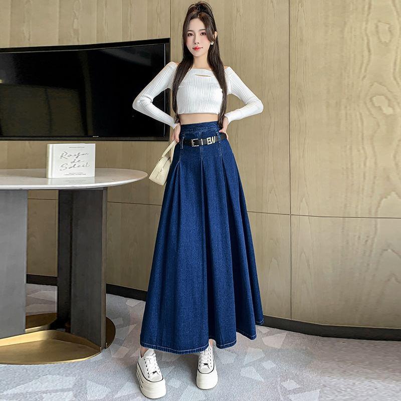 High Waist Washed Pleated Maxi A-Line Denim Skirt / Belt Product Image