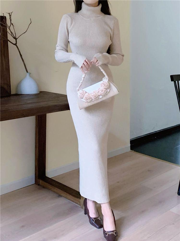 Long-Sleeve Turtleneck Plain Slit Ribbed Midi Sheath Knit Dress Product Image