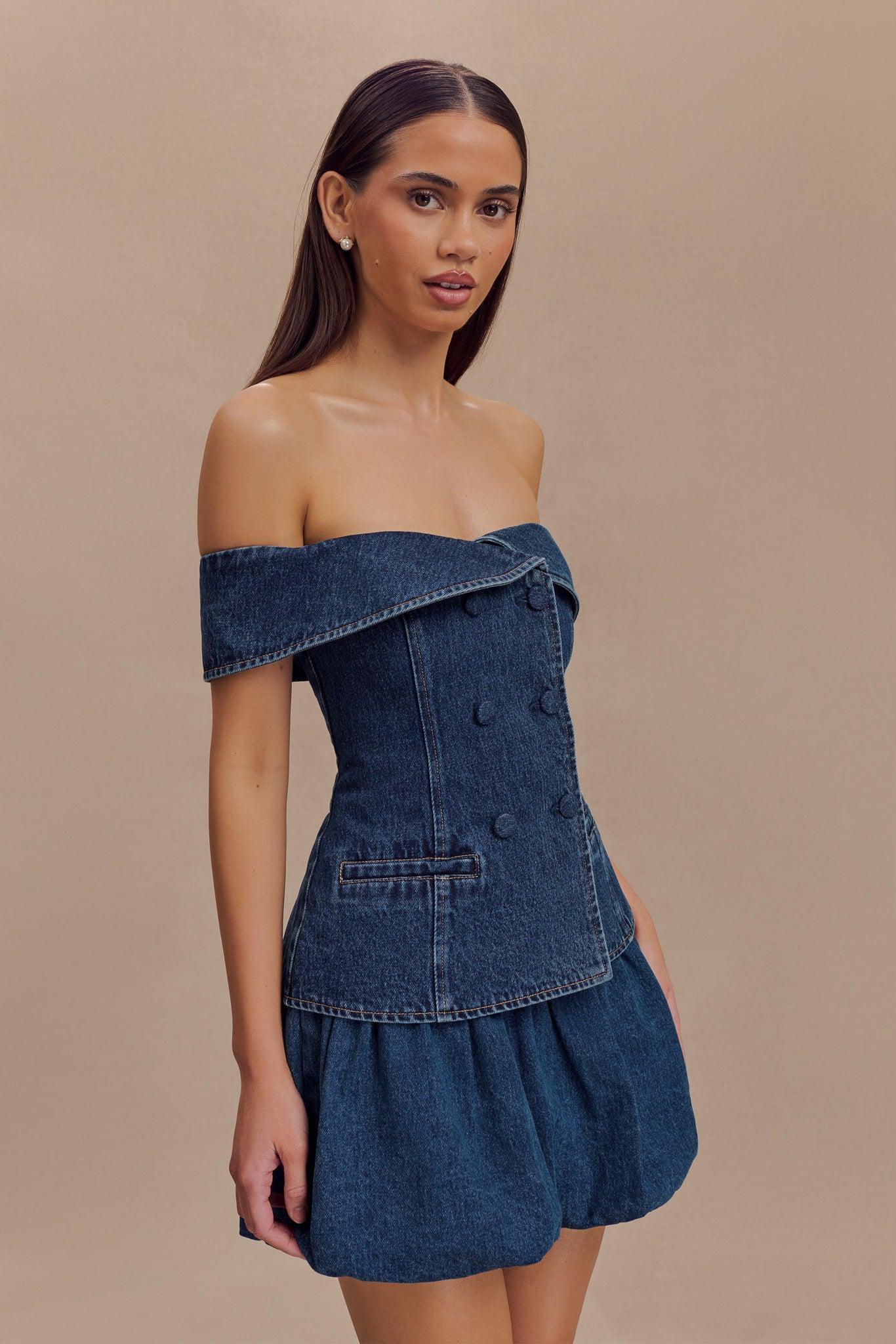 Krista Denim Off Shoulder Top - Dark Blue Product Image