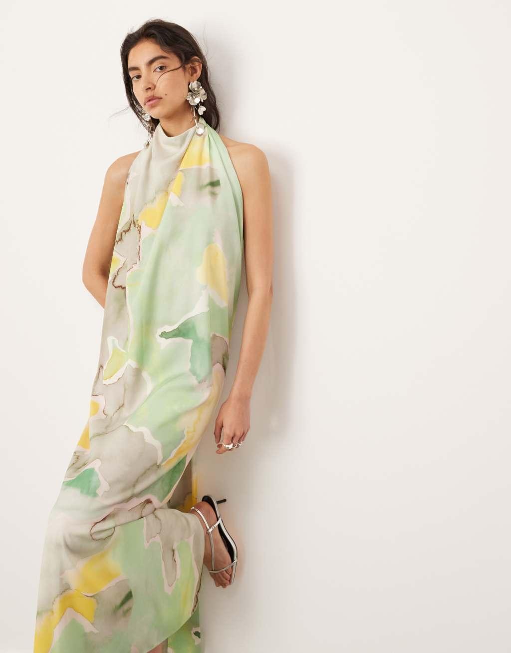 ASOS EDITION halterneck midi dress with drape detail in marble print Product Image