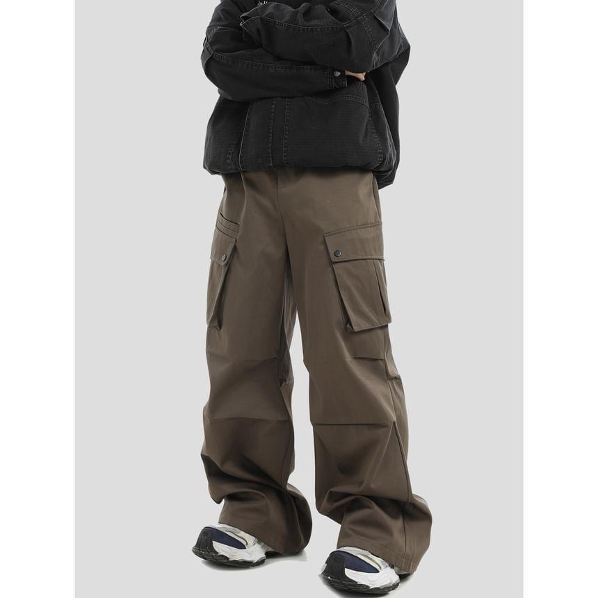 High Waist Plain Wide Leg Cargo Pants Product Image