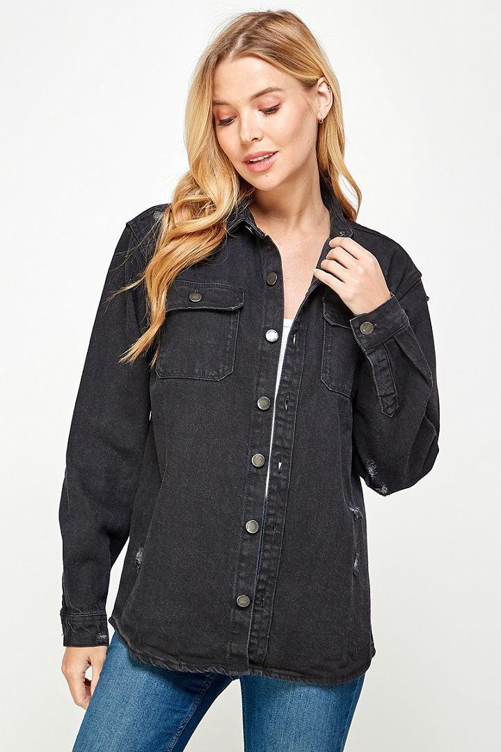 Women's Black Denim Distressed Jacket Female Product Image