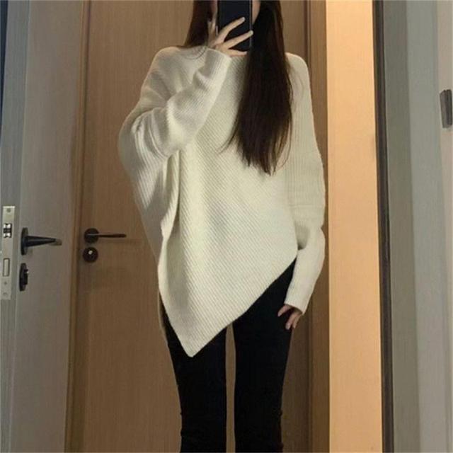 Turtleneck Asymmetrical Plain Sweater Product Image