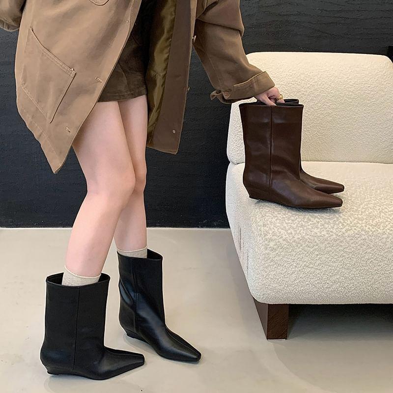 Wedge Heel Plain Faux Leather Short Boots Product Image