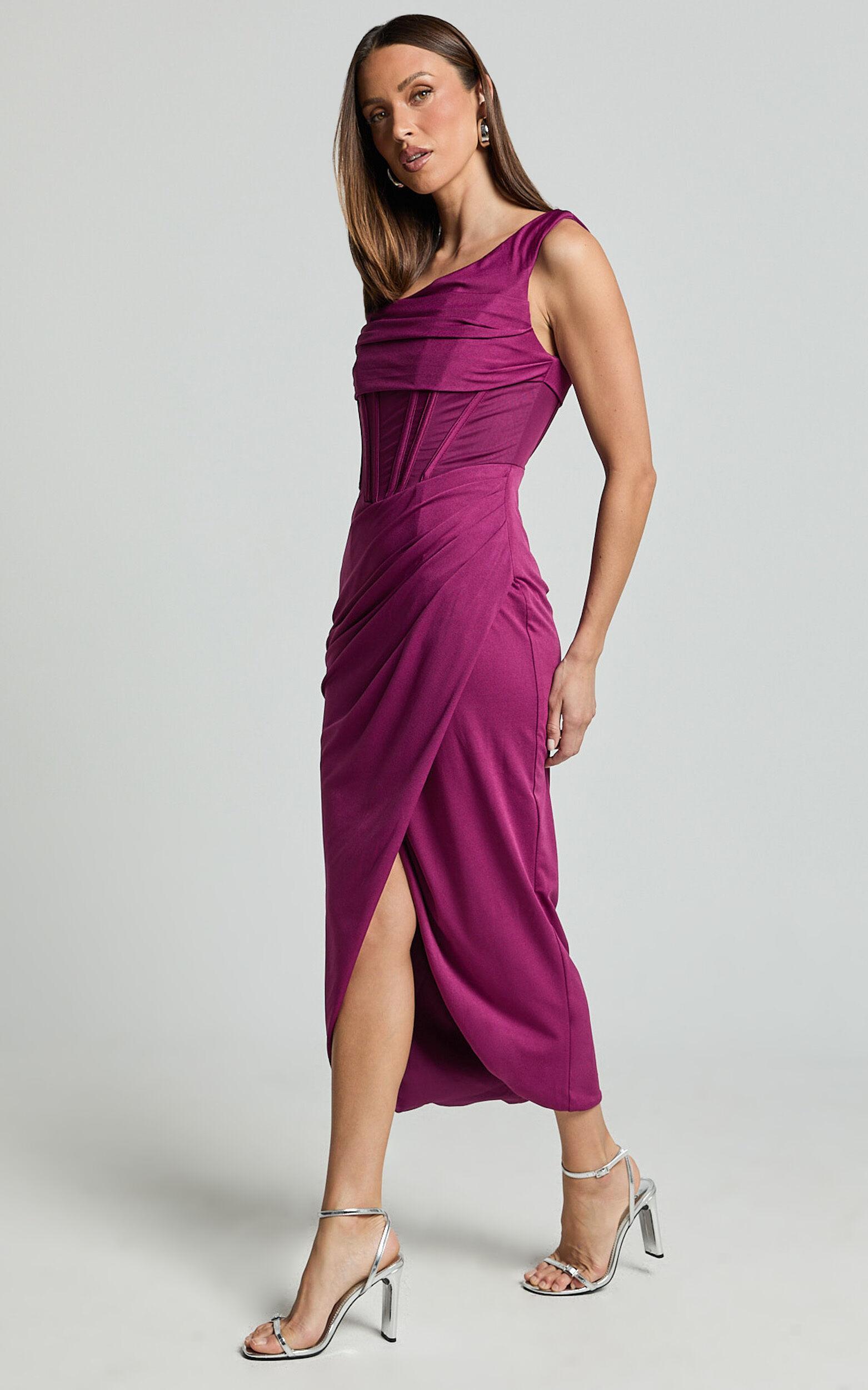 Aidia Midi Dress - One Shoulder Draped Corset Dress in Plum Product Image