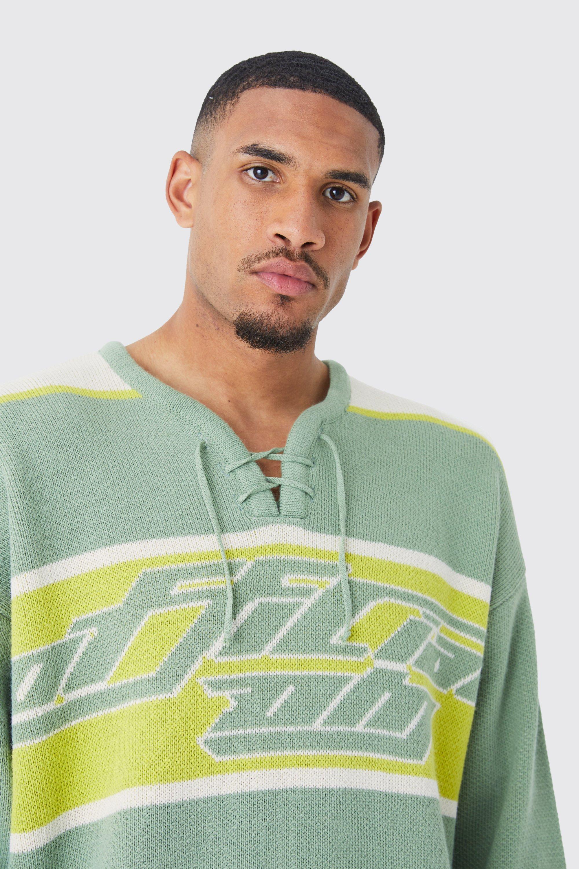 Tall Oversized Knitted Hockey Top With Tie Detail | boohooMAN USA Product Image