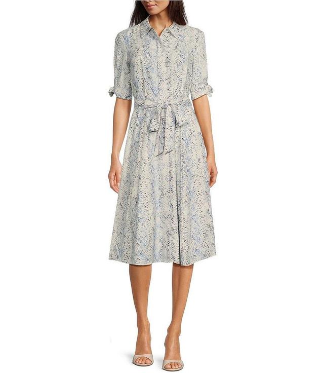 Calvin Klein Short Sleeve Collar Neck Tie Waist Printed Crepe Dress Product Image