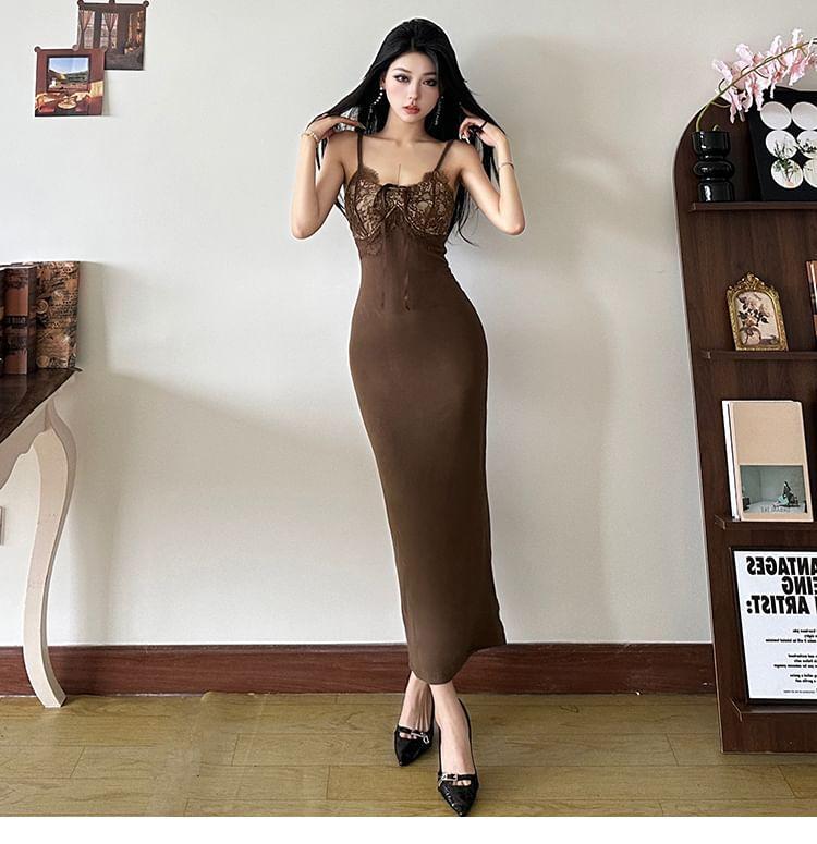 Spaghetti Strap Lace Panel Bodycon Maxi Dress Product Image