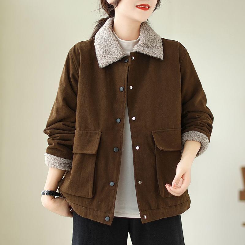 Collar Two Tone Fleece-Lined Button Jacket Product Image