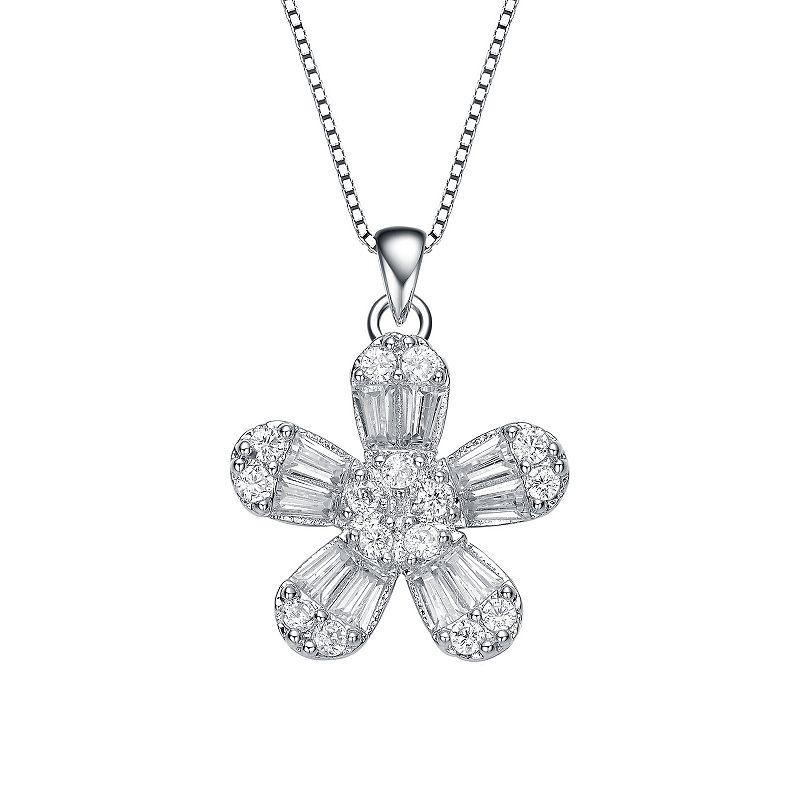 Sterling Silver Cubic Zirconia Flower Pendant Necklace, Womens Product Image