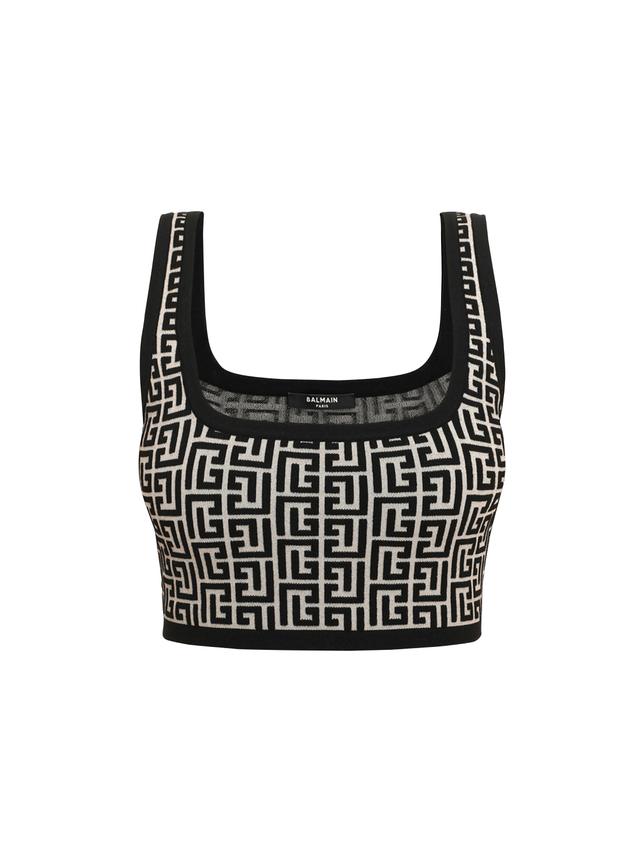 Cropped bicolor jacquard sports bra top with Balmain monogram Product Image