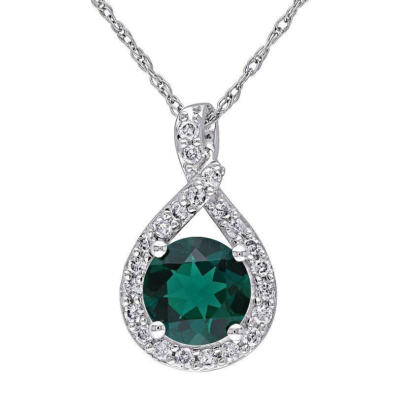 Stella Grace 10k White Gold 1/4 Carat T.W. Diamond & Lab-Created Emerald Teardrop Pendant Necklace, Womens Product Image