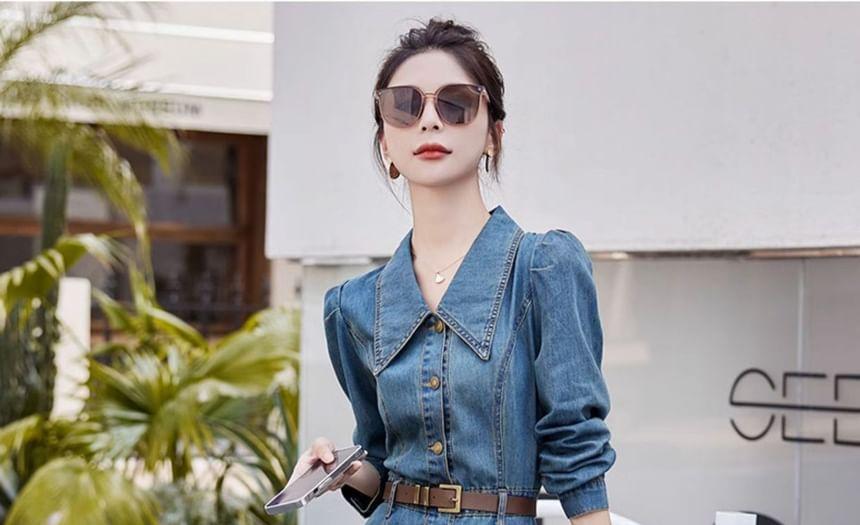 Long-Sleeve Washed Denim Maxi A-Line Shirt Dress Product Image