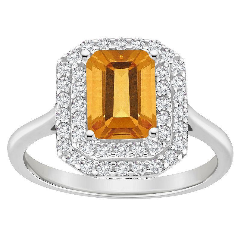 Celebration Gems Sterling Silver Emerald-Cut Citrine & White Topaz Double Halo Ring, Womens Orange Product Image