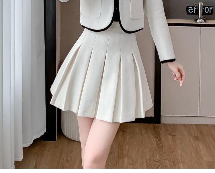 Set: Contrast Trim Bow Jacket + High Rise Plain Pleated Mini A-Line Skirt Product Image