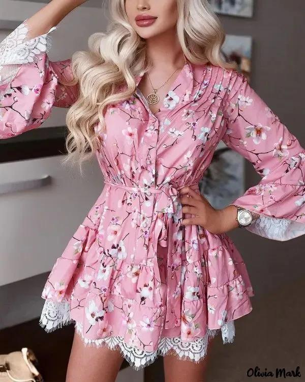 Olivia Mark – Floral Print Bell Sleeve Lace Trim Dress Product Image