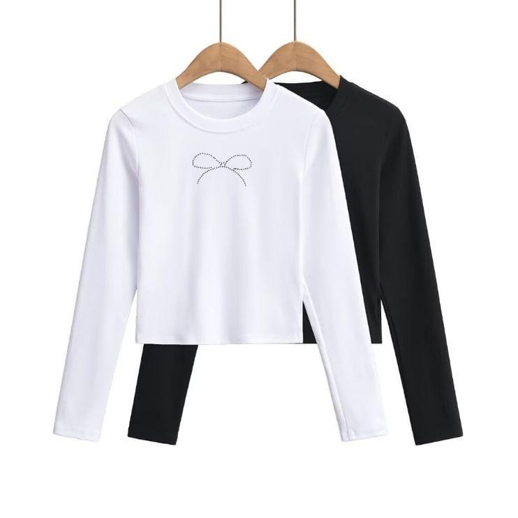 Long-Sleeve Round Neck Bow Rhinestone Slim Fit Crop Tee Product Image