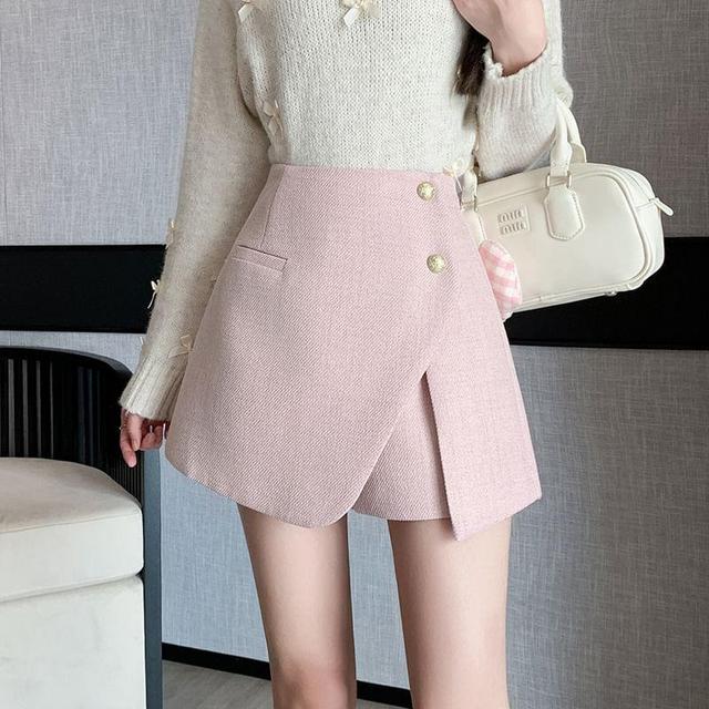 High Waist Plain Asymmetrical Slit Button Front Skort Product Image