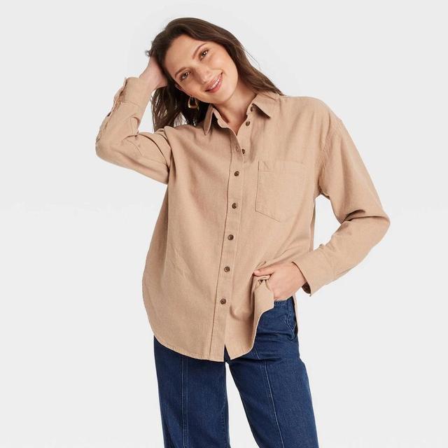 Womens Oversized Flannel Long Sleeve Collared Button-Down Shirt - Universal Thread Tan M Product Image