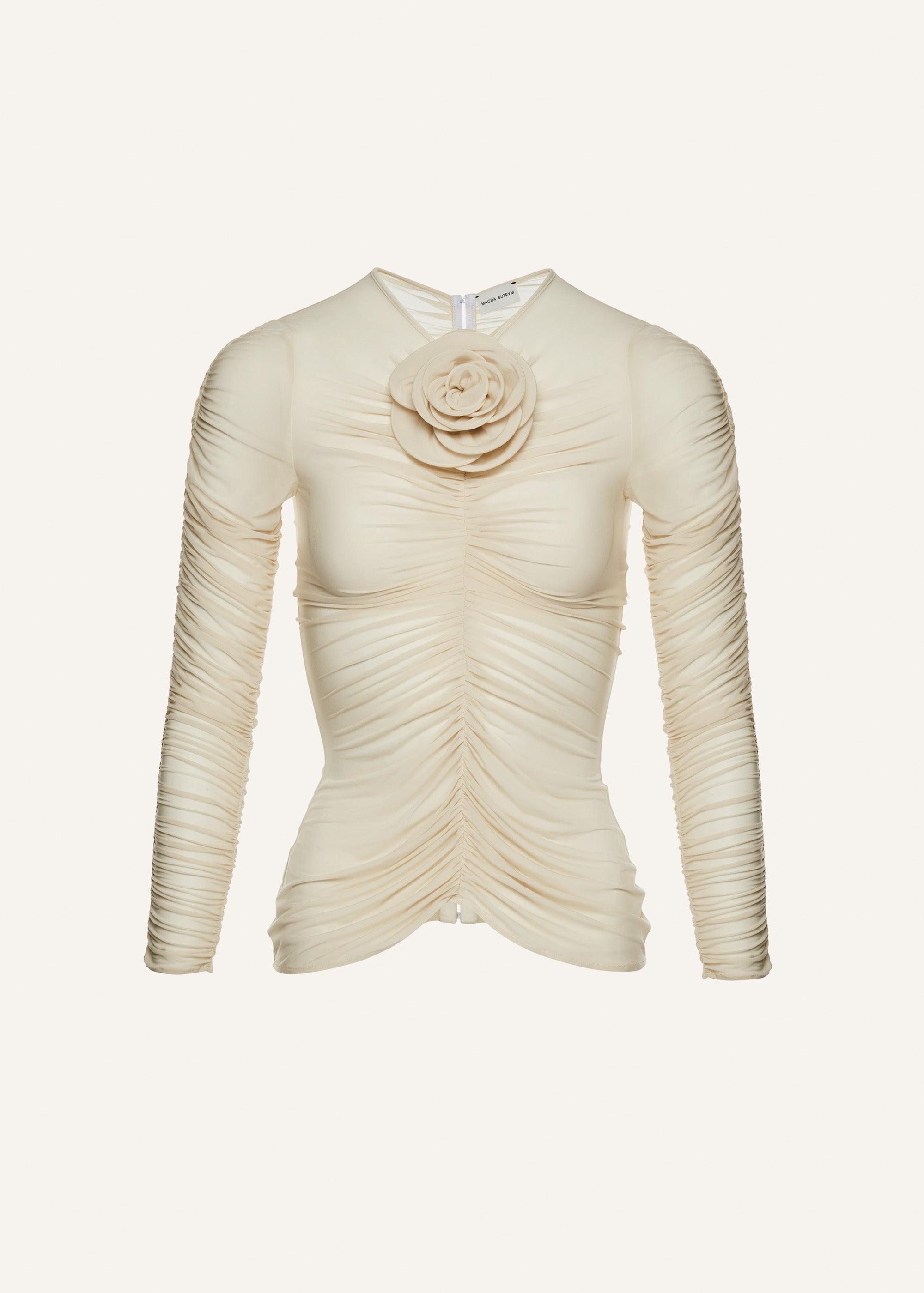 Sheer ruched rose appliqué top in beige Product Image