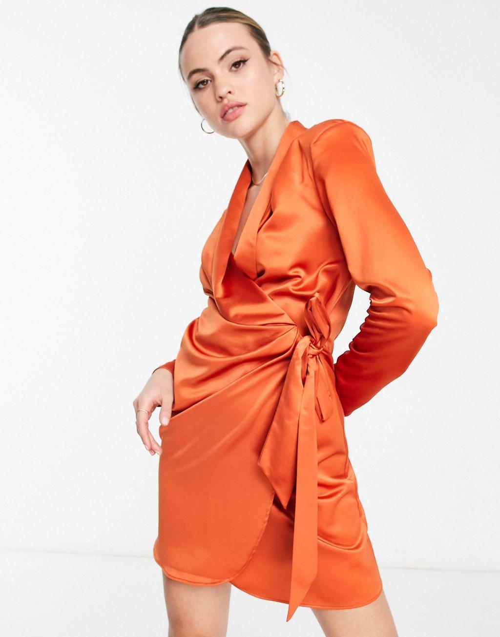 River Island Tall satin wrap blazer dress in orange Product Image